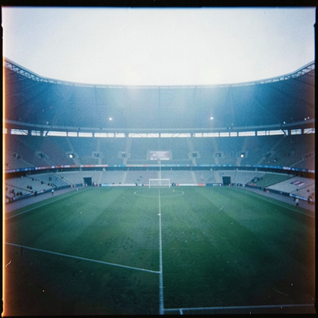 A grainy color photograph of an empty ballpark at golden hour, long shadows stretching across the outfield grass.